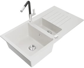 Mexen Matias, 1,5-komorový granitový drez 900x505x200 mm a drezová batéria Flora, biela, 6502-20-670401-07