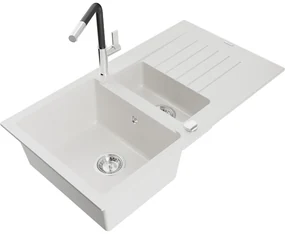 Mexen Matias, 1,5-komorový granitový drez 900x505x200 mm a drezová batéria Flora, biela, 6502-20-670401-07