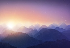 Fototapeta - Zapadajúce slnko za hory (147x102 cm)
