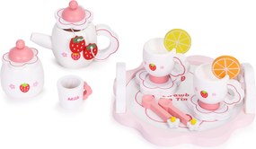 Drevený čajový set ECOTOYS 14 ks – jahodový motív, kuchynský set pre deti 3+