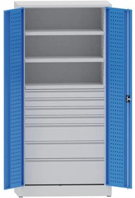 Dielenská kovová skriňa na náradie KOVONA, 2 police, 7 zásuviek, zváraná, nosnosť 80 kg, 950 x 500 x 1950 mm