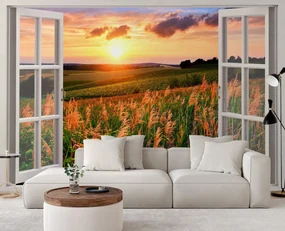 Gario Fototapeta Okno - pohľad na západ slnka nad lúkou Materiál: Vliesová, Rozmery: 280 x 200 cm