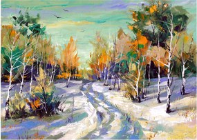Sklenený obraz - Zasnežená cesta lesom, olejomaľba (70x50 cm)