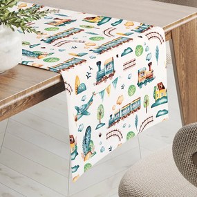 Biante Detský bavlnený behúň na stôl Sandra SA-659 Modrozelené vláčiky s lietadielkami na bielom 35x120 cm