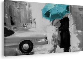 Obraz - Zamilovaný pár s dáždnikom, modrý (90x60 cm)