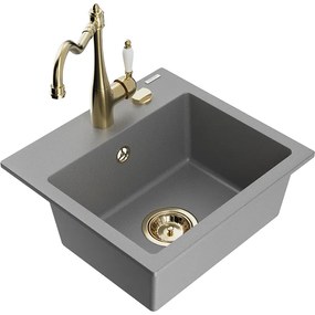 Mexen Milo, granitový drez 435x410x171 mm, 1-komorový a drezová batéria Carla, šedá, 6505-71-670700-50