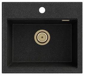 Sink Quality Ferrum New 5055, 1-komorový granitový drez 560x500x210 mm + zlatý sifón, čierna škvrnitá, SKQ-FER.5055.BP.XG