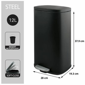 Spirella Pedálový odpadkový kôš soft-close Akira 12 l, matná čierna, 12 l