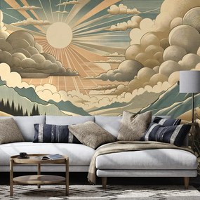 Samolepiaca tapeta retro krajina s horami a slnkom