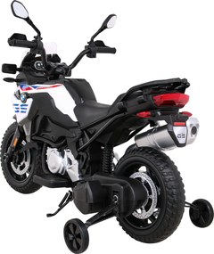 Ramiz BMW F850 GS Detský motocykel na batérie biely + asistenčné kolesá + LED audio + pomalý štart + EVA