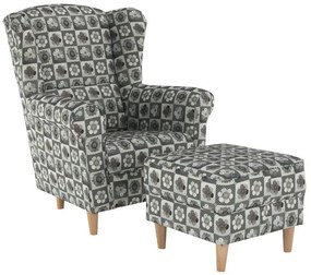 Kondela Kreslo, ušiak s taburetom, patchwork N1 látka, ASTRID