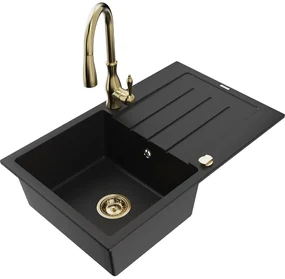 Mexen Bruno, 1-komorový granitový drez 795x495x200 mm a drezová batéria Savita, čierna, 6513-77-672601-50