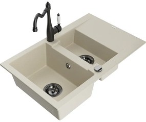 Mexen Gaspar, granitový drez 752x436x161 mm, 1,5-komorový a drezová batéria Carla, béžová, 6507-69-670700-70