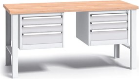 Pracovný stôl do dielne G3 s 2 závesnými boxami na náradie, buková škárovka, 6 zásuviek, pevné kovové nohy, 1700 mm, sivá