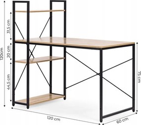 Písací stôl s regálom LOFTY 120x60 cm, čierny / dekor dub
