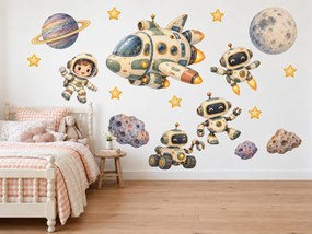 Veselí roboti a malý kozmonaut pastelové vesmírne nálepky na stenu do detskej izby arch 46 x 34 cm