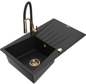 Mexen Cesar, 1-komorový granitový drez 775x470x190 mm a drezová batéria Aster, čierna, 6514-77-73450-57-G
