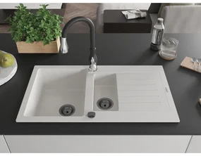 Mexen Matias, 1,5-komorový granitový drez 900x505x200 mm a drezová batéria Savita, biela, 6502-20-672601-70
