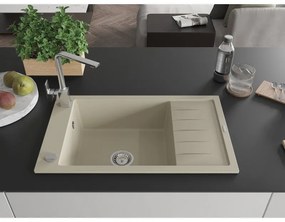 Mexen Elias, granitový drez granitový 795x480x200 mm, 1-komorový, béžová s chrómovým sifónom a chrómová drezová batéria Rita, 6511-69-670300-00