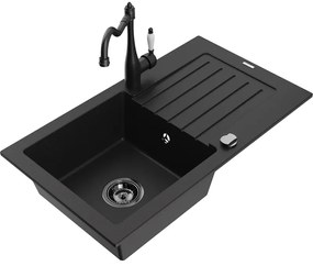 Mexen Pablo, granitový drez 752x436x161 mm, 1-komorový a drezová batéria Carla, čierna, 6510-77-670700-70-B