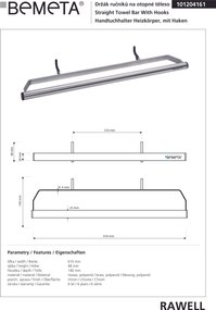 Bemeta Design RAWELL: Držiak uterákov na vykurovacie teleso, 610 mm, lesk - 101204161