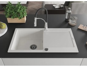 Mexen Leo, granitový drez 900x500x190 mm, 1-komorový a drezová batéria Aster, biela, 6501-20-73450-07-B