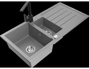 Mexen Andres granitový 1,5-komorový drez s odkvapkávačom a kuchynskou batériou Rita, Šedá - 6515-71-670300-70