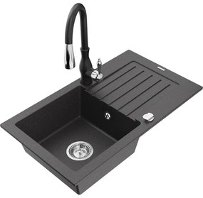 Mexen Pablo, granitový drez 752x436x161 mm, 1-komorový a drezová batéria Savita, čierna škvrnitá, 6510-76-672601-70