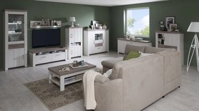 Vysoká vitrína Cruz, bielená pínia/šedý dub