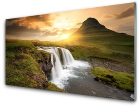 Skleneny obraz Hory vodopád príroda 140x70 cm