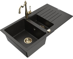 Mexen Matias, granitový drez 900x505x200 mm, 1,5-komorový a drezová batéria Carla, čierna-zlatá metalíza, 6502-75-670700-50