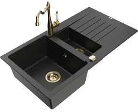 Mexen Matias, granitový drez 900x505x200 mm, 1,5-komorový a drezová batéria Carla, čierna-zlatá metalíza, 6502-75-670700-50