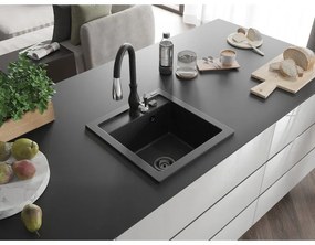 Mexen Vito, 1-komorový granitový drez 520x490x210 mm a drezová batéria Savita, čierna-strieborná metalíza, 6503-73-672601-70-B
