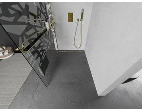 Mexen Kioto+ L, sprchová zástena Walk-In s poličkou a vešiakom 100 x 200 cm, 8mm číre sklo biely vzor, zlatý lesklý profil,800-100-123-50-85