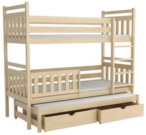 Detská poschodová posteľ z masívu borovice PETR s prístelkou a šuplíky - 200x90 cm - PRÍRODNÁ BOROVICA