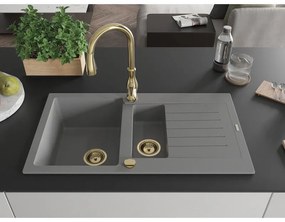 Mexen Matias, 1,5-komorový granitový drez 900x505x200 mm a drezová batéria Savita, šedá, 6502-71-672601-50