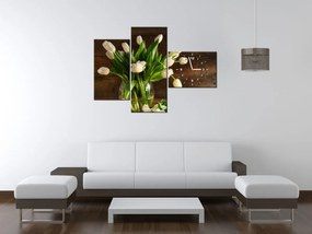 Gario Obraz s hodinami Očarujúce biele tulipány - 3 dielny Rozmery: 80 x 40 cm