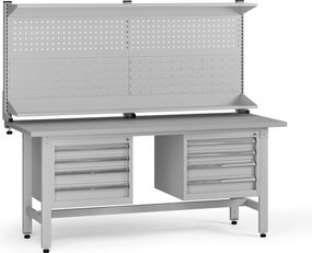 Výškovo nastaviteľný dielenský stôl G5 s nadstavbou, 1800 x 750 x 800-1000 mm, 2x kontajner, 8 zásuviek, sivá