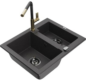 Mexen Carlos, 1,5-komorový granitový drez 582x475x177 mm a drezová batéria Flora, čierna škvrnitá, 6518-76-670401-75-B