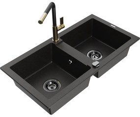 Mexen Mario, 2-komorový granitový drez 820x436x161 mm a drezová batéria Flora, čierna-zlatá metalíza, 6504-75-670401-57-B