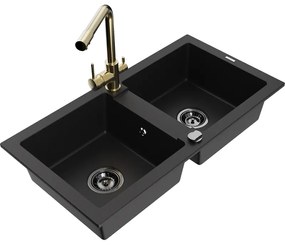 Mexen Mario, 2-komorový granitový drez 820x436x161 mm a zlatá drezová batéria Duero, čierna, 6504-77-671600-50-B
