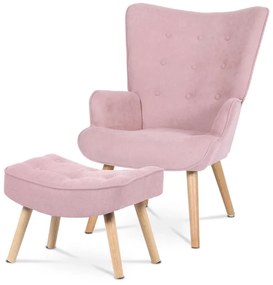 Křeslo "ušák" s podnožkou, potah starorůžová látka, nohy masiv kaučukovník