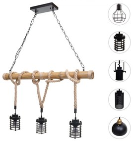 Závesné svietidlo H82 industrial, klietka 3 74203 - kov / bambus - Čierna