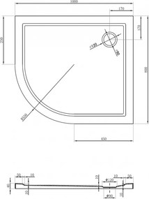 Mexen Flow, asymetrická štvrťkruhová sprchová vanička slim, pravá 100 x 80 cm, čierna matná, 46Q708010R