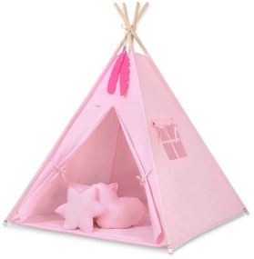 Bobono Stan Teepee pre deti + hracia podložka + vankúše + ozdobné perie - ružový