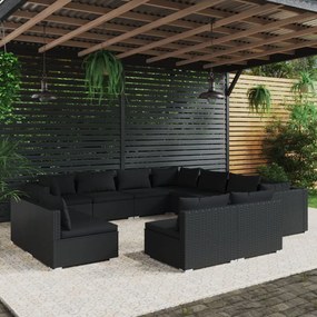 11-dielna záhradná sedacia súprava s vankúšmi polyratan čierna
