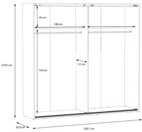 Šatníková skriňa so zrkadlom OREN 220x210 cm dub artisan
