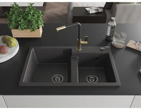 Mexen Tomas, 2-komorový granitový drez 800x500x190 mm a drezová batéria Flora, čierna škvrnitá, 6516-76-670401-57-B