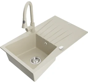 Mexen Cesar, 1-komorový granitový drez 775x470x190 mm a drezová batéria Elia, béžová, 6514-69-670101-69