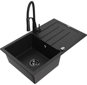 Mexen Bruno, 1-komorový granitový drez 795x495x200 mm a drezová batéria Aster, čierna, 6513-77-73450-70-B